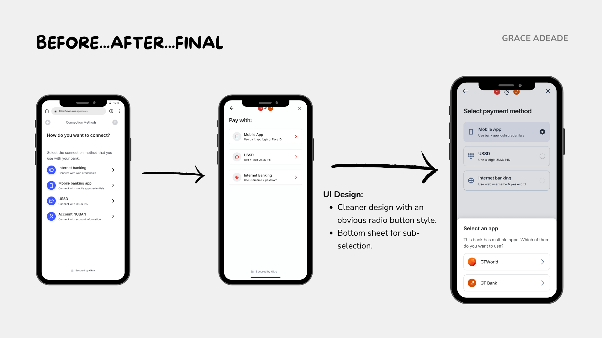 Payment methods screen and my iterated designs